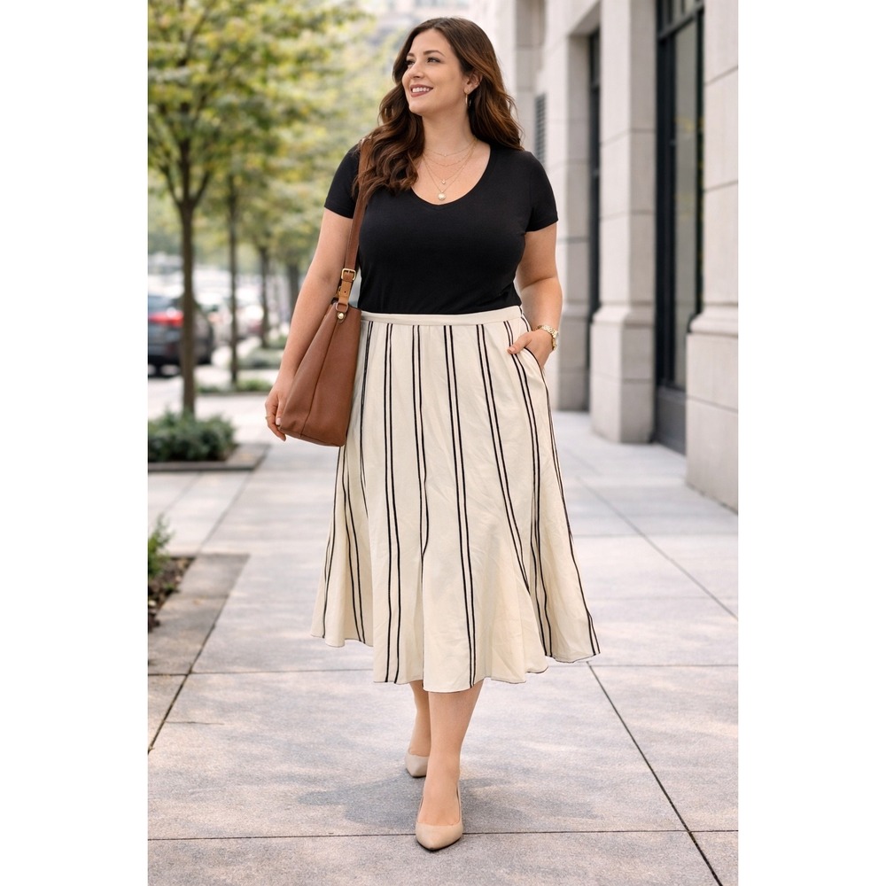 Lena Gabrielle New York Cream Black Piping A-Line Midi Skirt Womens 14 P15